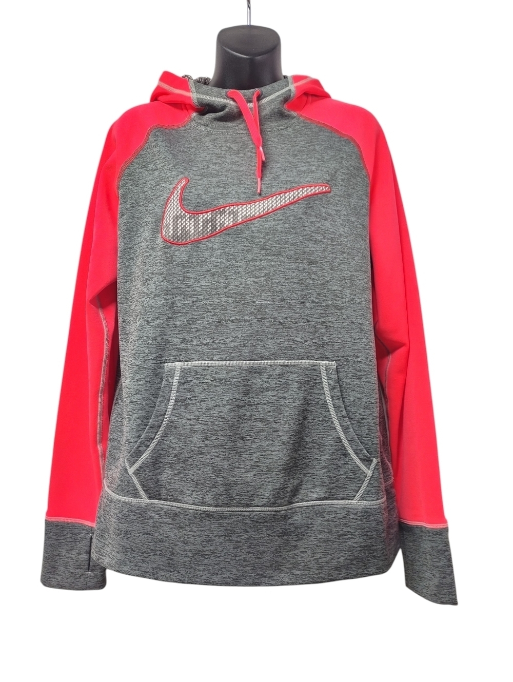Nike Therma-FIT Womens Pullover Hoodie Size L Gray Red Raglan Sleeves Thumb Hole